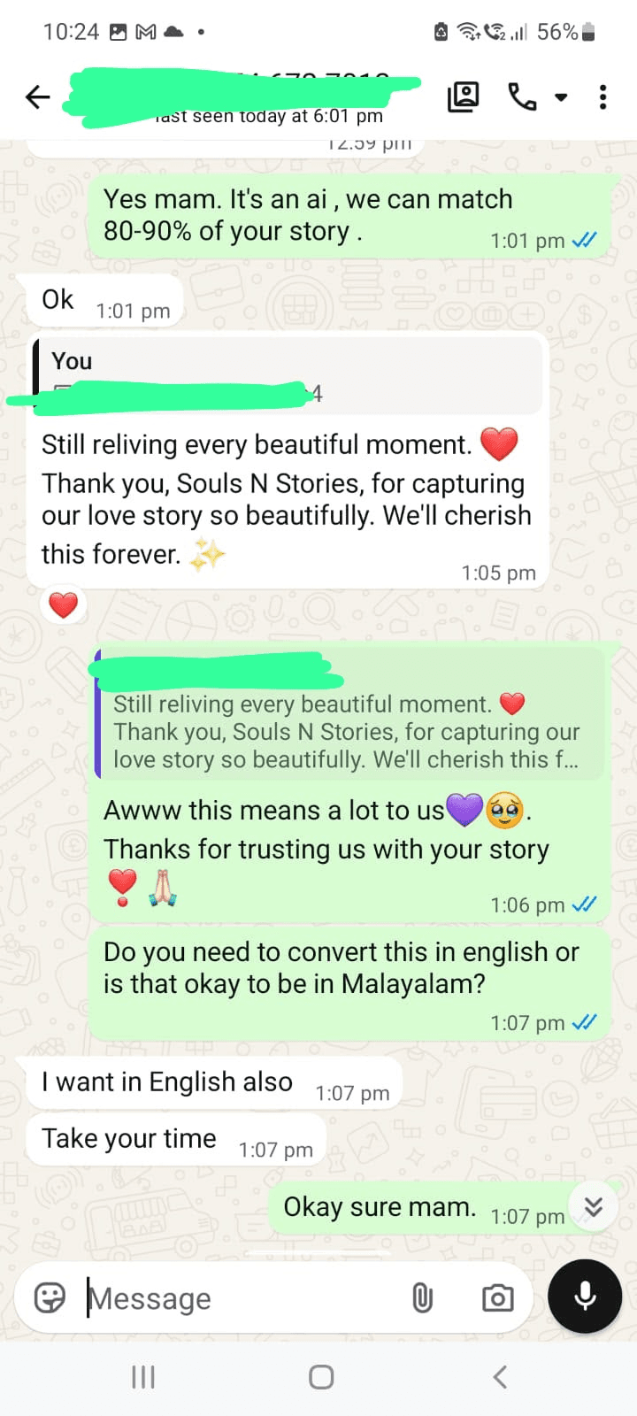 Redacted WhatsApp conversation showing a customer thanking Souls n Stories for capturing their love story.