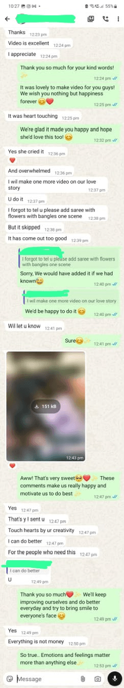 Redacted WhatsApp conversation showing detailed feedback after receiving a Souls n Stories film.