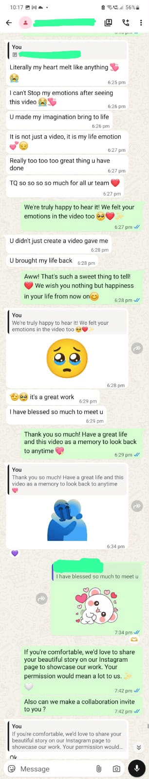 Redacted WhatsApp conversation showing an emotional reaction to a personal short film.