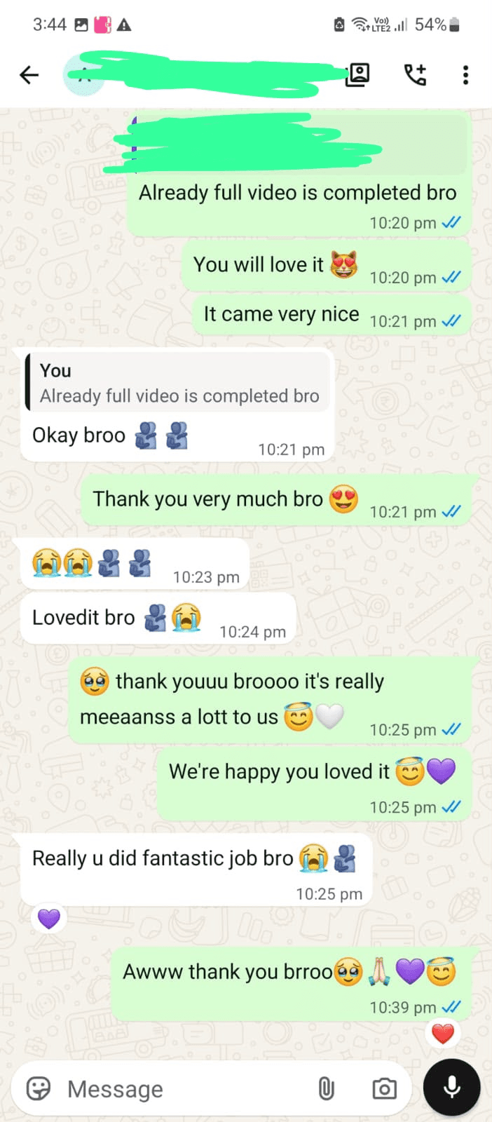 Redacted WhatsApp conversation showing a customer saying they loved the finished film.
